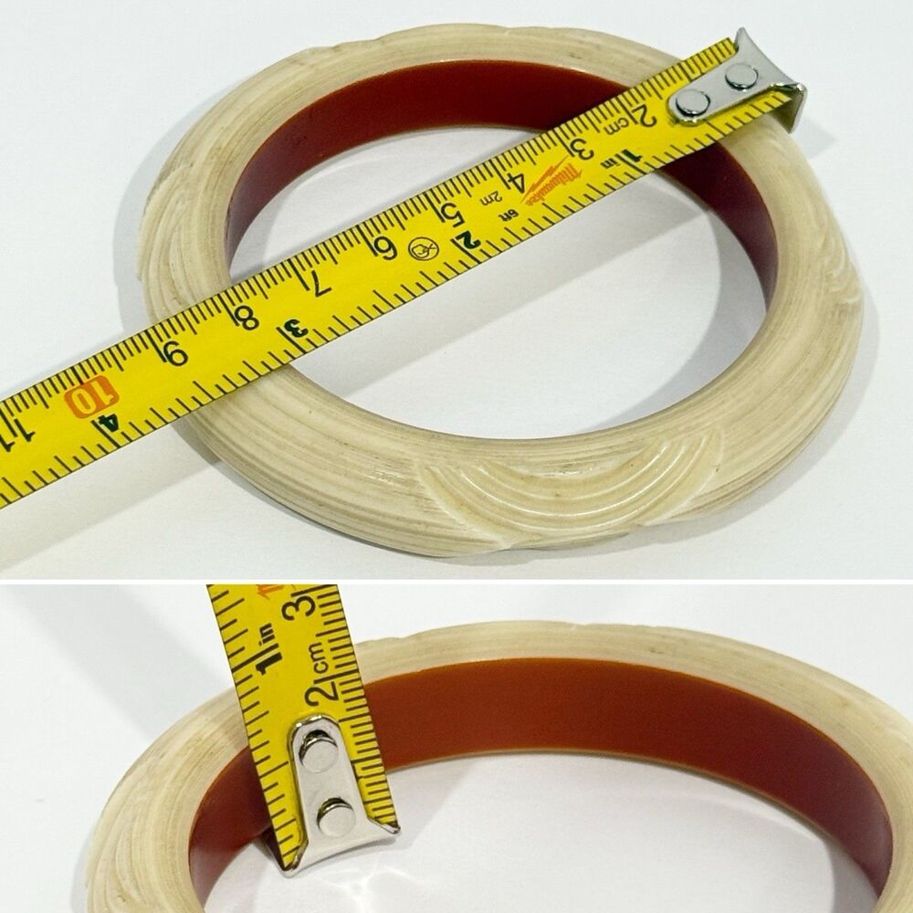 Vintage Carved Cream & Brown Bangle Bracelet Retro Bakelite Style Inner Dia - Picture 6 of 13